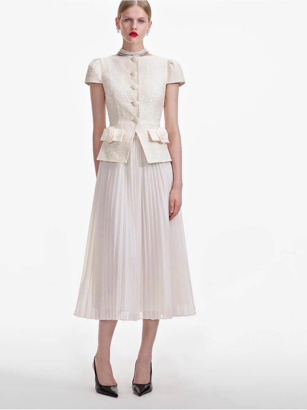 Self-Portrait Cream Pleated Midi Skirt